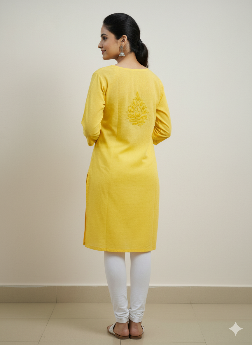 Women’s Yellow Cotton Short Chikankari Kurti | Hand Embroidered Lucknowi Kurta Top for Jeans & Pants