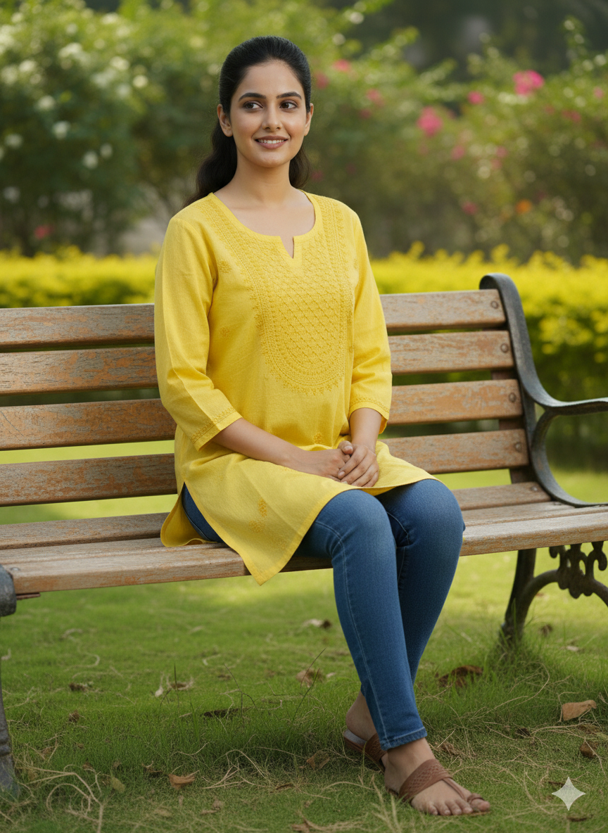 Women’s Yellow Cotton Short Chikankari Kurti | Hand Embroidered Lucknowi Kurta Top for Jeans & Pants