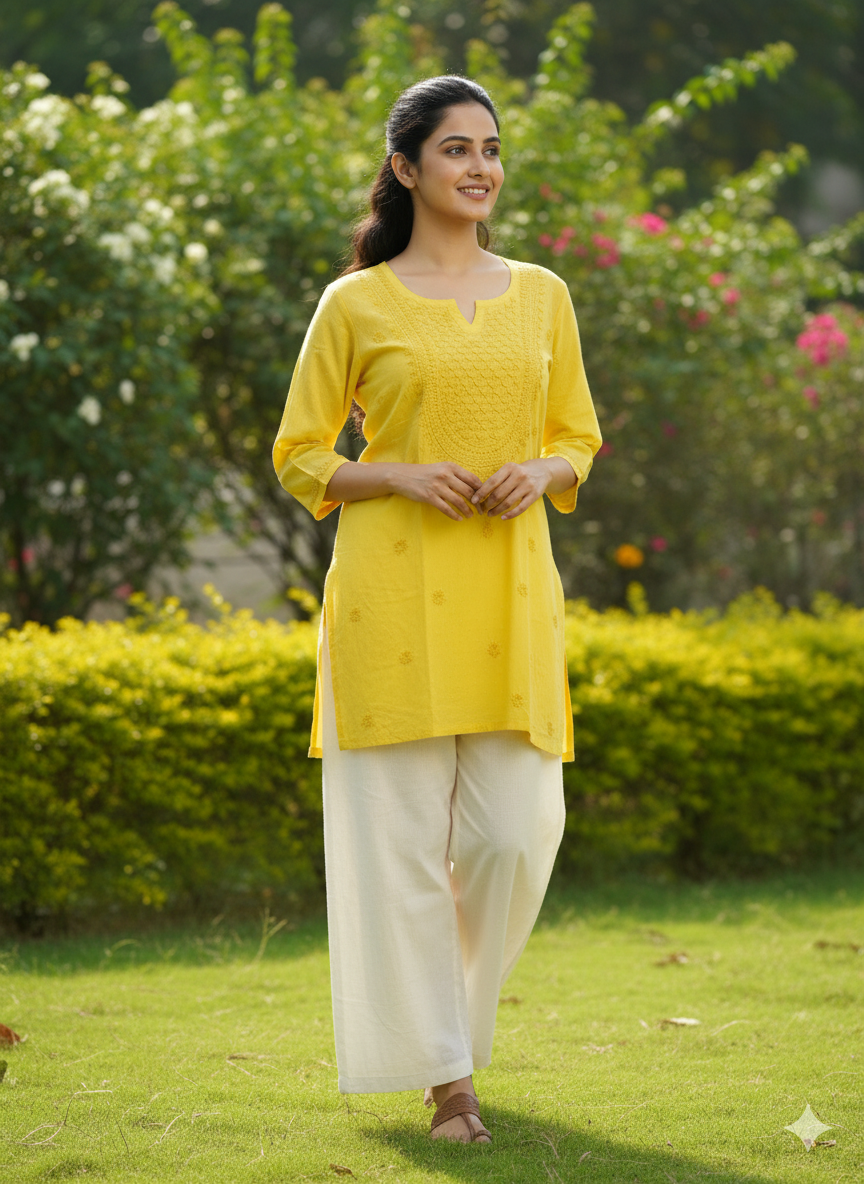 Women’s Yellow Cotton Short Chikankari Kurti | Hand Embroidered Lucknowi Kurta Top for Jeans & Pants