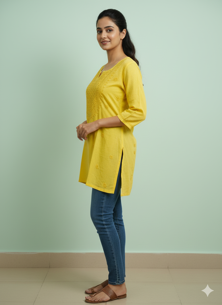 Women’s Yellow Cotton Short Chikankari Kurti | Hand Embroidered Lucknowi Kurta Top for Jeans & Pants