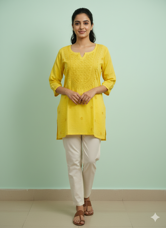 Yellow cotton short Chikankari kurti embroidery close up