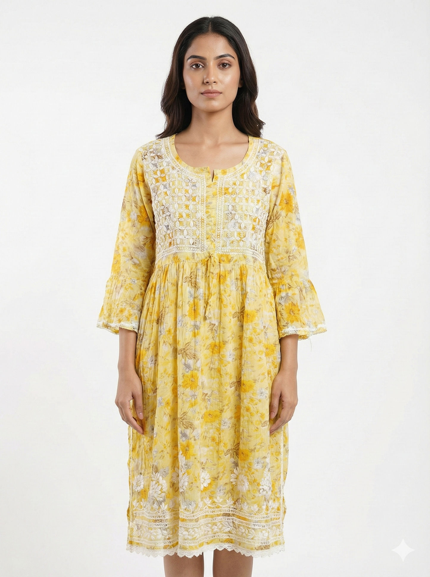Yellow Floral Chikankari Kurti in Soft Malmal – Handcrafted Lucknow Chikan Work