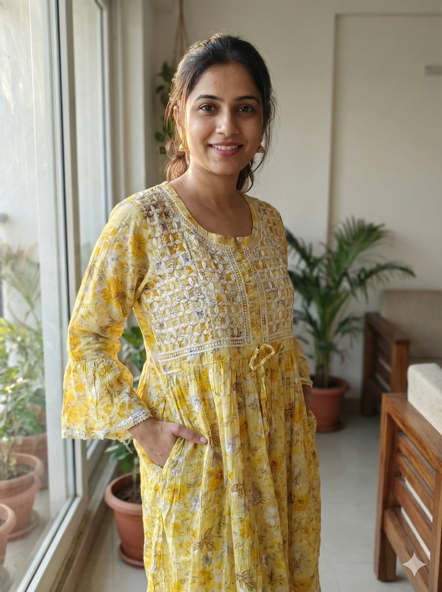 Yellow Floral Chikankari Kurti in Soft Malmal – Handcrafted Lucknow Chikan Work