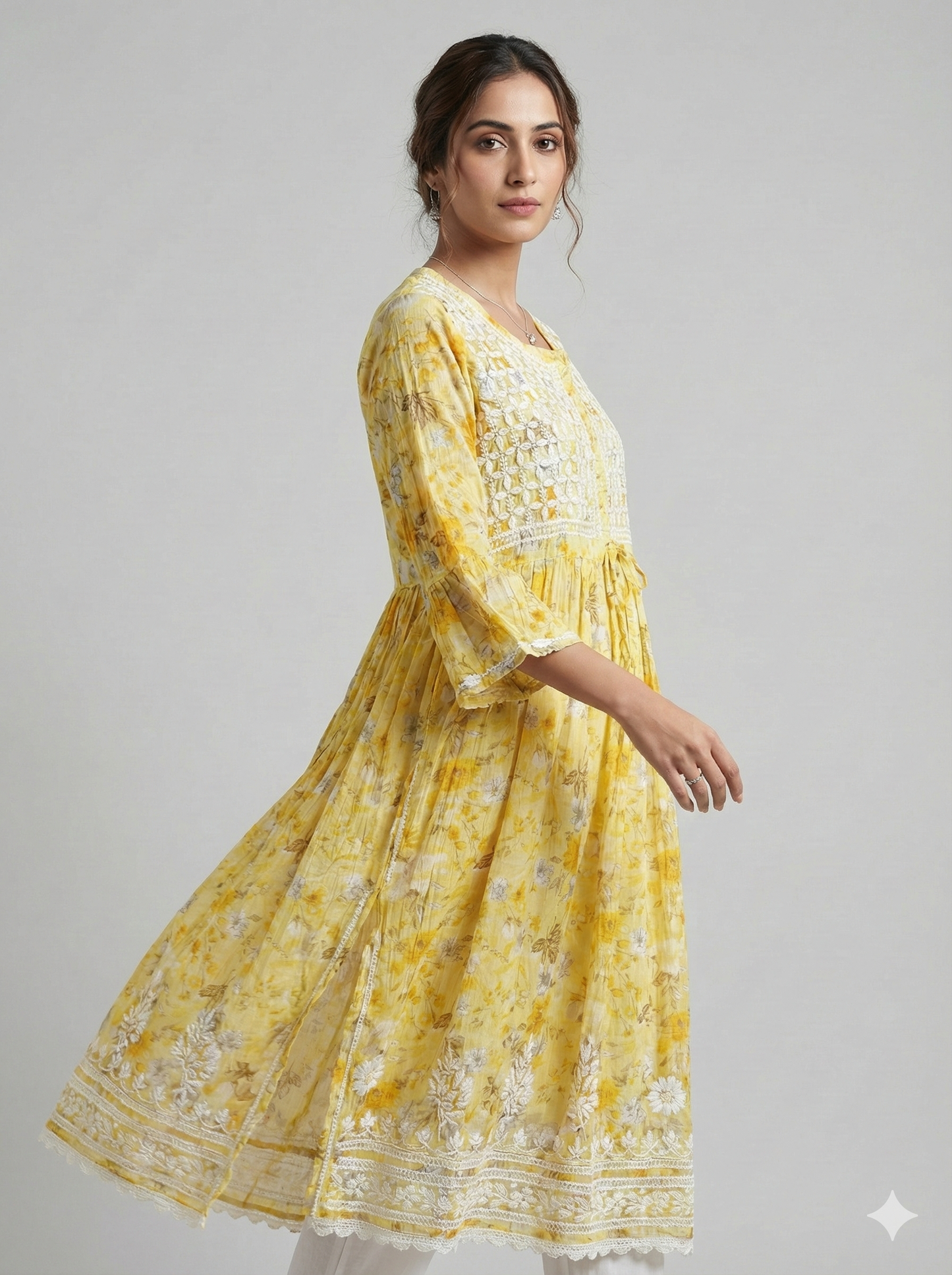 Yellow Floral Chikankari Kurti in Soft Malmal – Handcrafted Lucknow Chikan Work