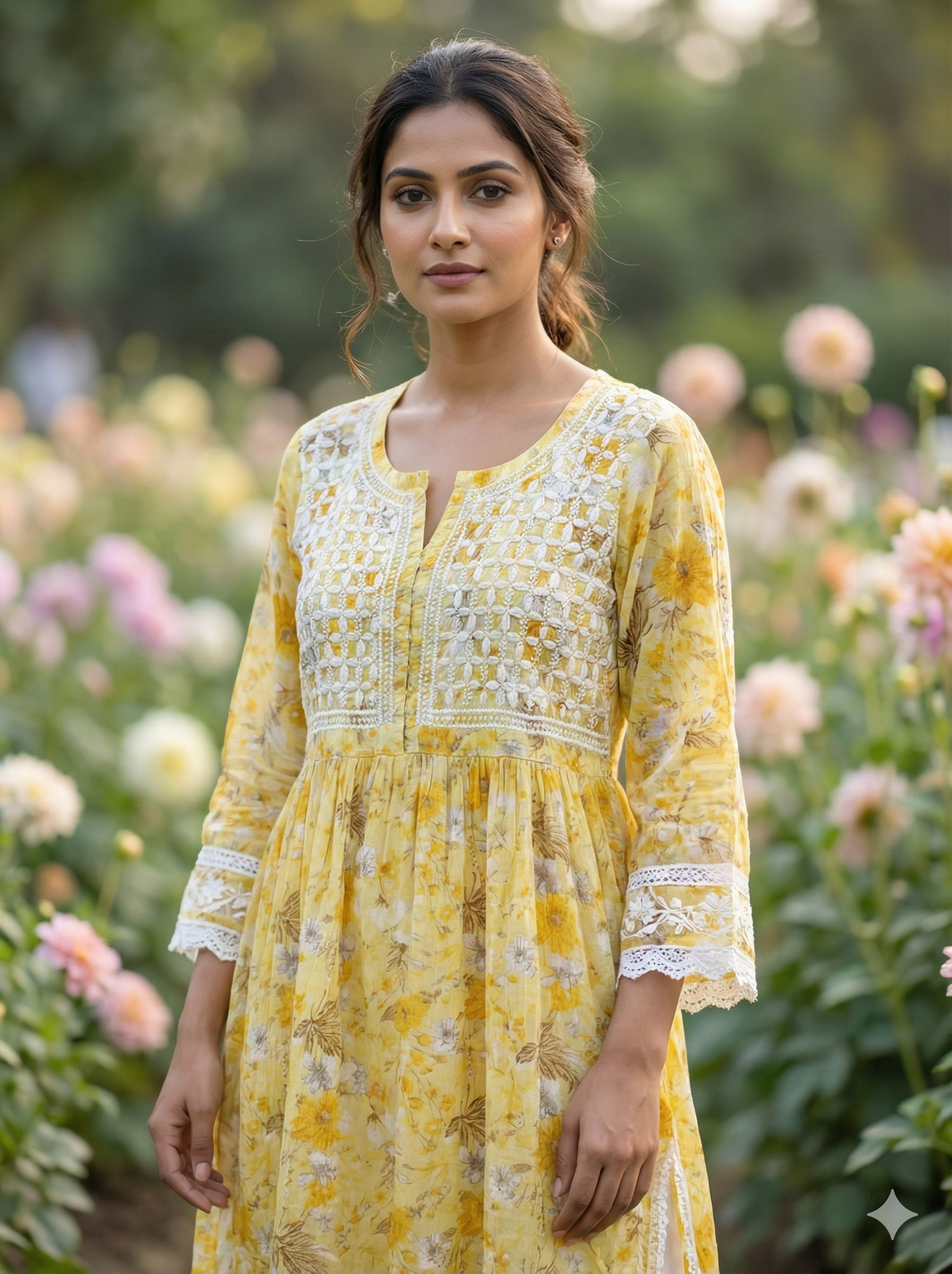 Yellow Floral Chikankari Kurti in Soft Malmal – Handcrafted Lucknow Chikan Work