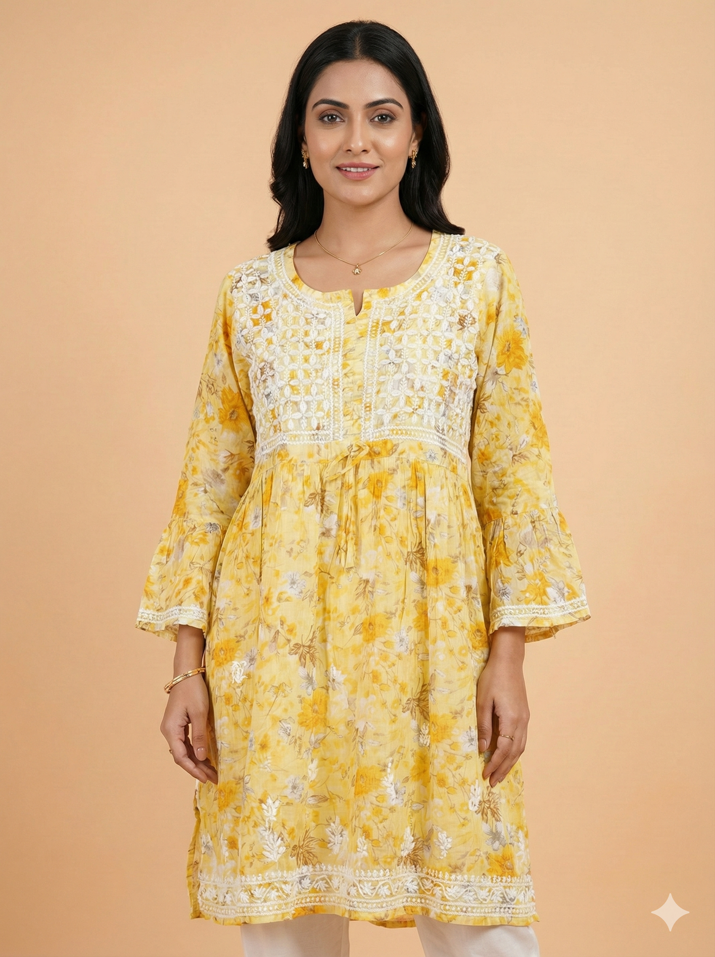 Yellow Floral Chikankari Kurti in Soft Malmal – Handcrafted Lucknow Chikan Work