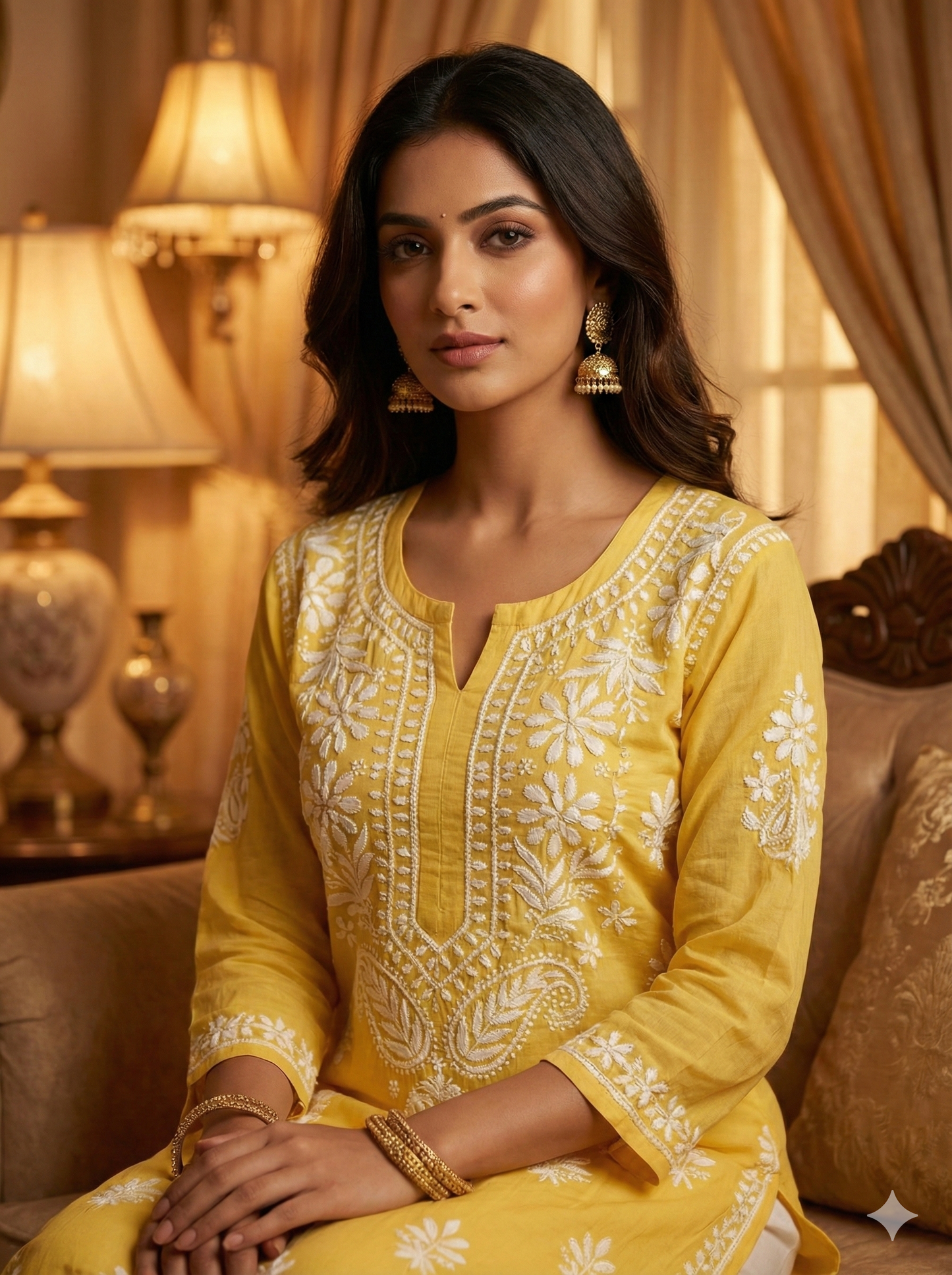 Yellow Heavy Modal Chikankari Kurti for Women – Hand Embroidered Lucknow Chikan