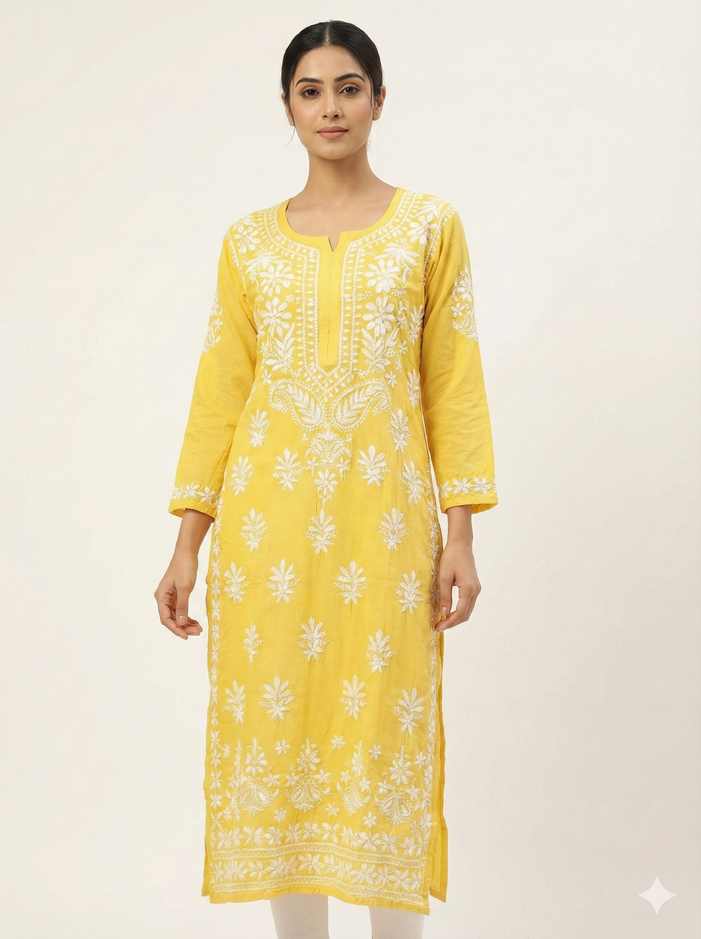 Yellow Heavy Modal Chikankari Kurti for Women – Hand Embroidered Lucknow Chikan