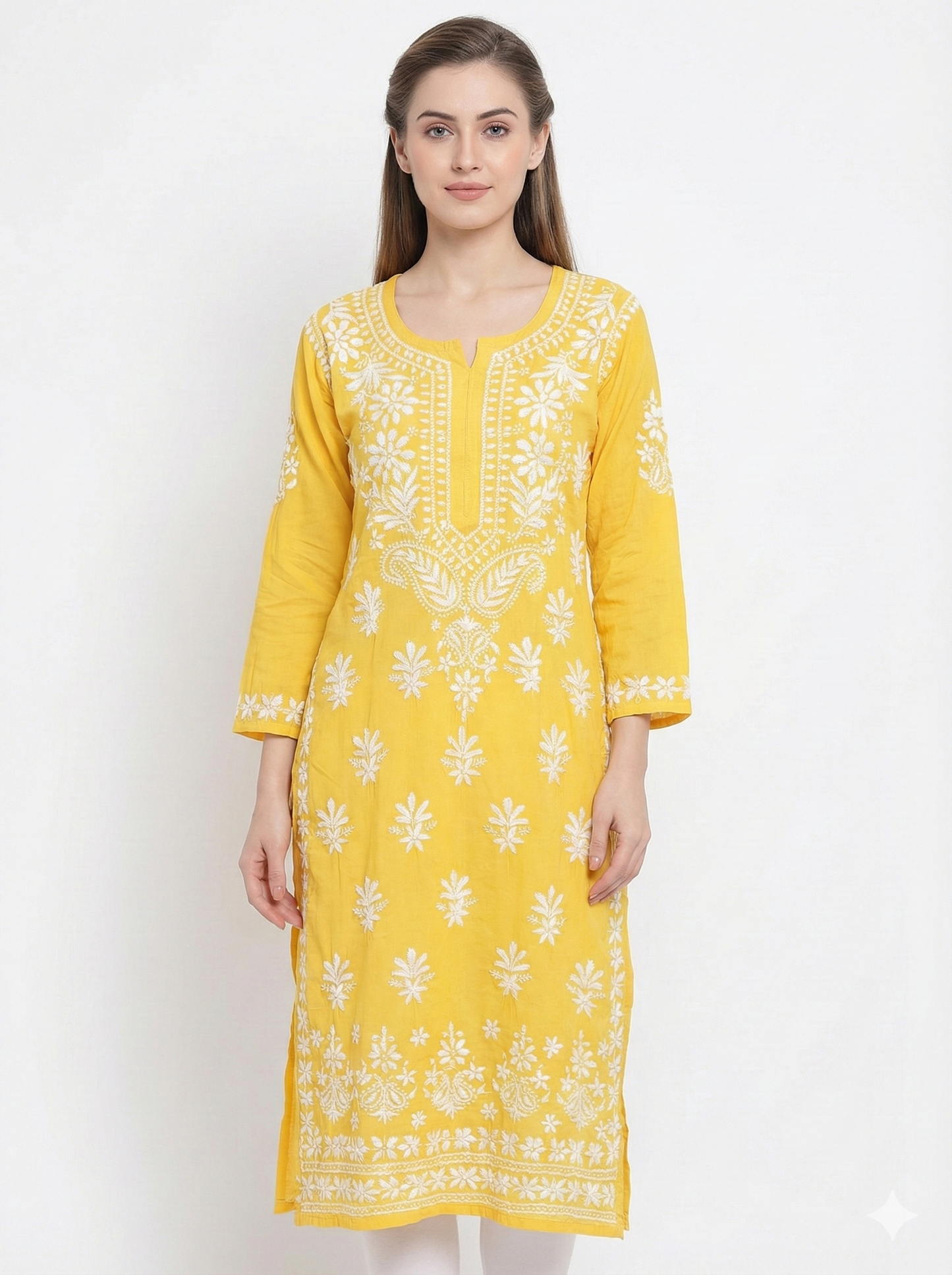 Yellow Heavy Modal Chikankari Kurti for Women – Hand Embroidered Lucknow Chikan