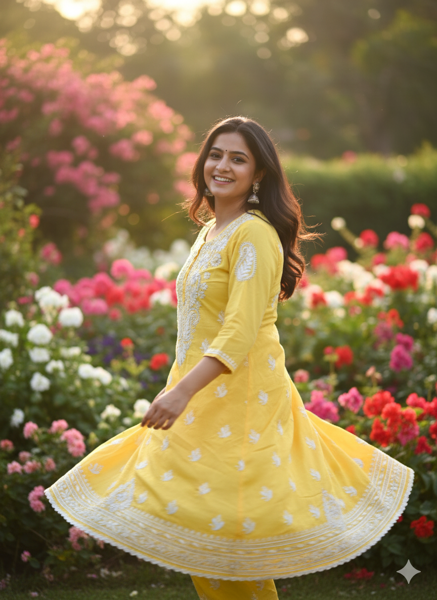 Elegant Yellow Cotton Lucknowi Chikankari Kurti for Women | Hand Embroidered Ethnic Wear from Lucknow