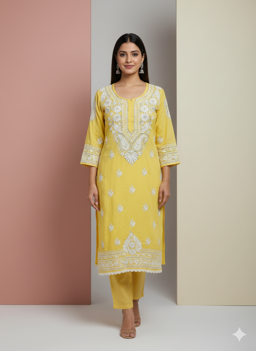 Elegant Yellow Cotton Lucknowi Chikankari Kurti for Women | Hand Embroidered Ethnic Wear from Lucknow