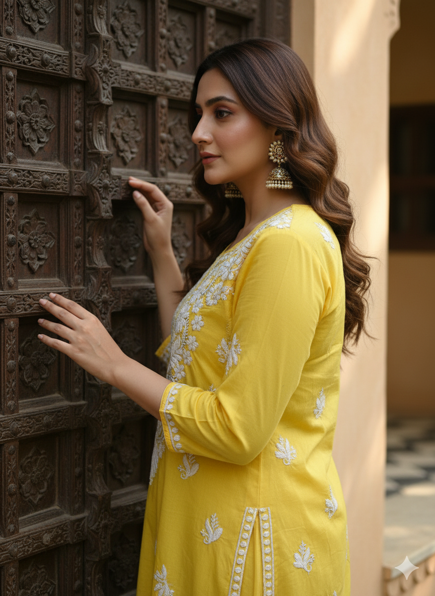 Elegant Yellow Cotton Lucknowi Chikankari Kurti for Women | Hand Embroidered Ethnic Wear from Lucknow