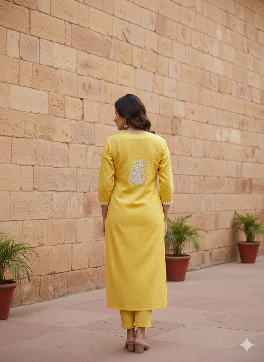 Elegant Yellow Cotton Lucknowi Chikankari Kurti for Women | Hand Embroidered Ethnic Wear from Lucknow