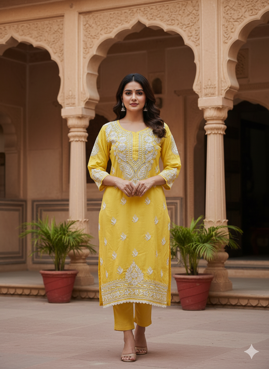 Elegant Yellow Cotton Lucknowi Chikankari Kurti for Women | Hand Embroidered Ethnic Wear from Lucknow