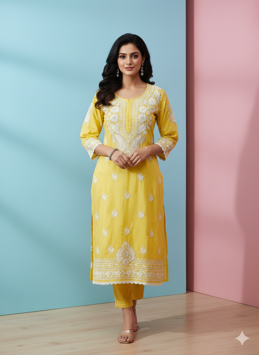 Elegant Yellow Cotton Lucknowi Chikankari Kurti for Women | Hand Embroidered Ethnic Wear from Lucknow
