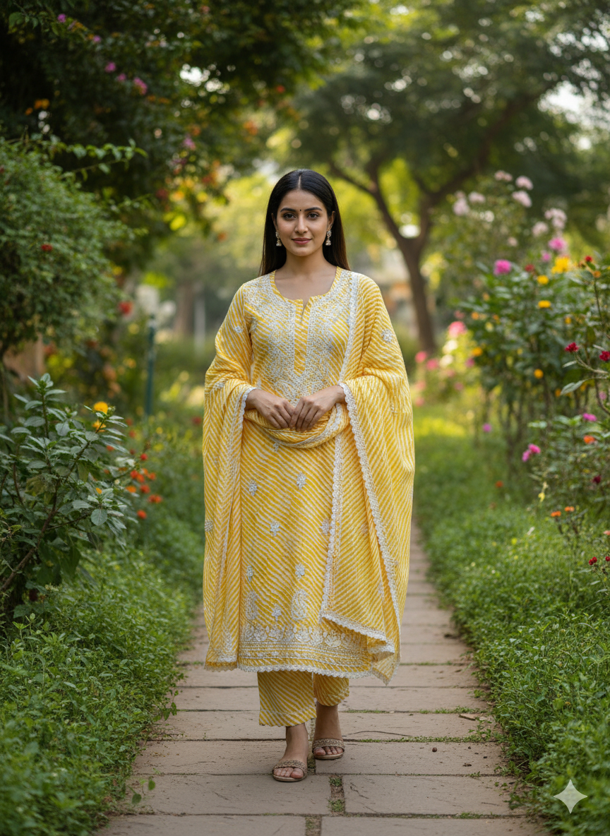 "Yellow Printed Cotton Chikankari Kurti with White Hand Embroidery | Elegant Lucknowi Ethnic Wear for Women"