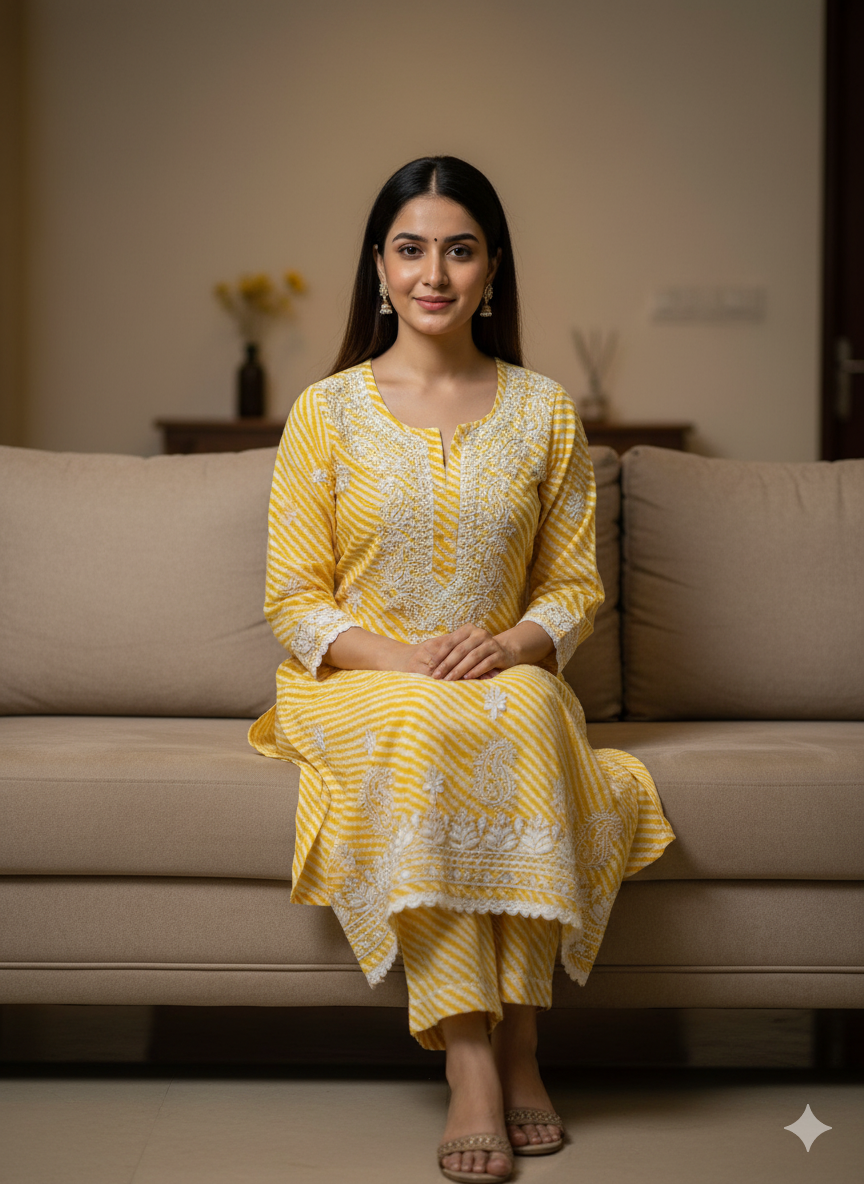 "Yellow Printed Cotton Chikankari Kurti with White Hand Embroidery | Elegant Lucknowi Ethnic Wear for Women"