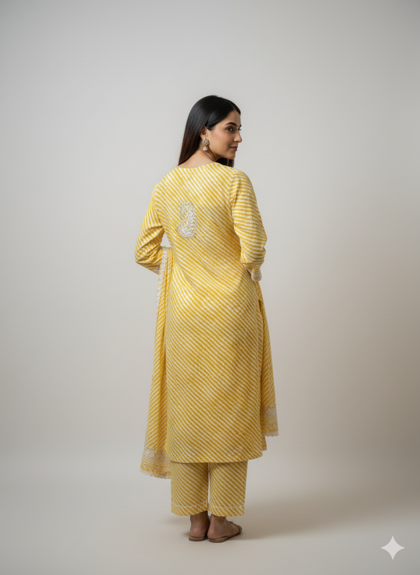 "Yellow Printed Cotton Chikankari Kurti with White Hand Embroidery | Elegant Lucknowi Ethnic Wear for Women"
