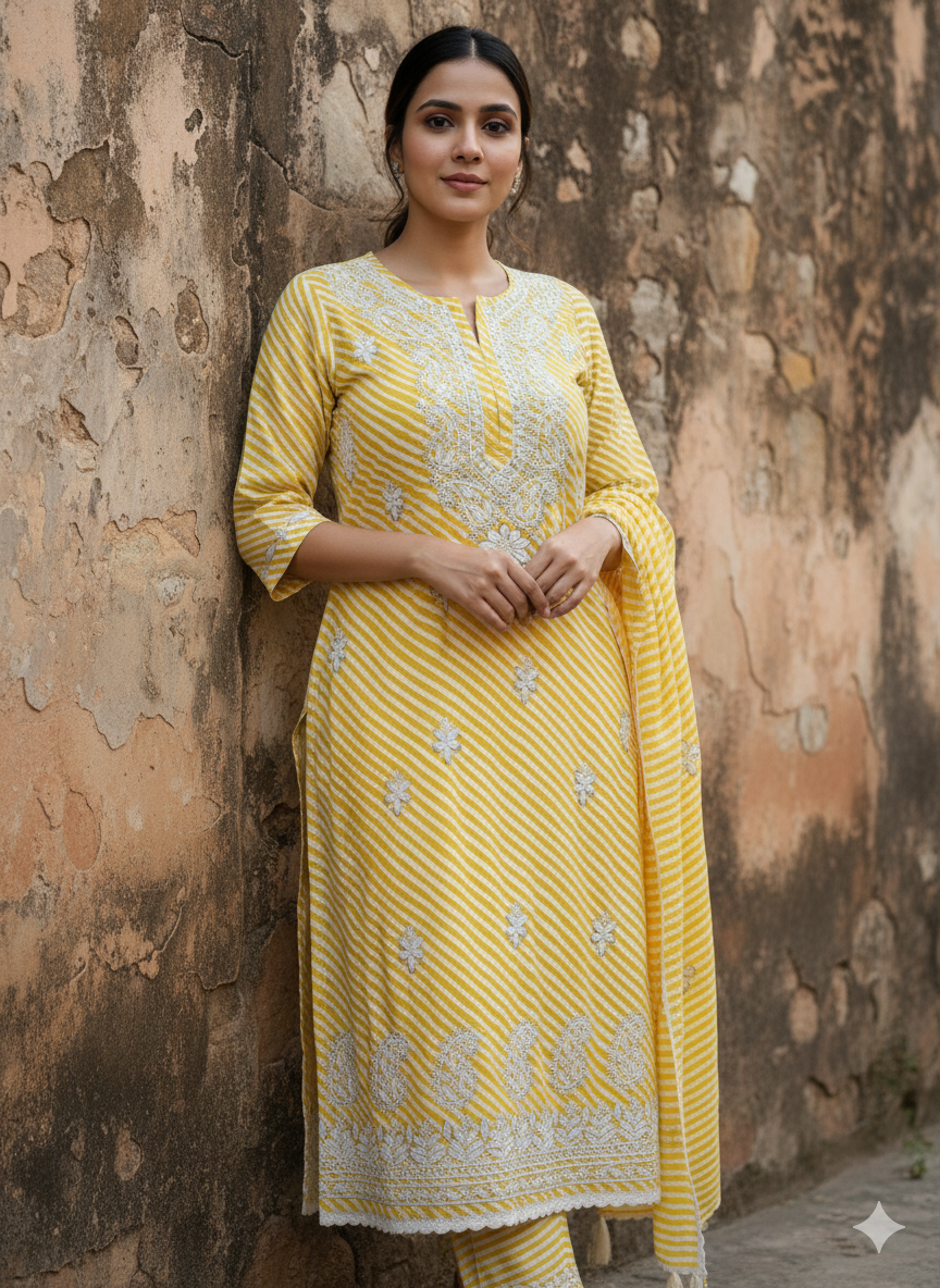 "Yellow Printed Cotton Chikankari Kurti with White Hand Embroidery | Elegant Lucknowi Ethnic Wear for Women"