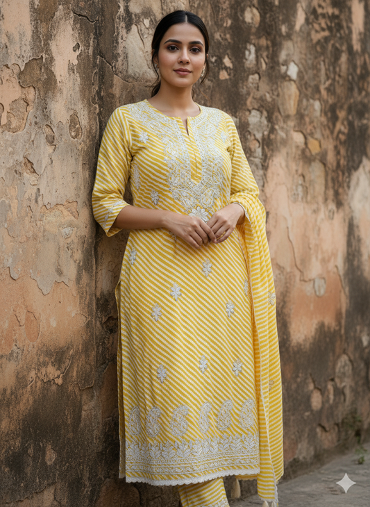 "Yellow Printed Cotton Chikankari Kurti with White Hand Embroidery | Elegant Lucknowi Ethnic Wear for Women"
