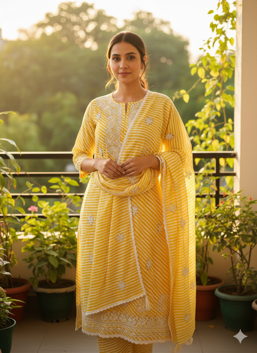 "Yellow Printed Cotton Chikankari Kurti with White Hand Embroidery | Elegant Lucknowi Ethnic Wear for Women"