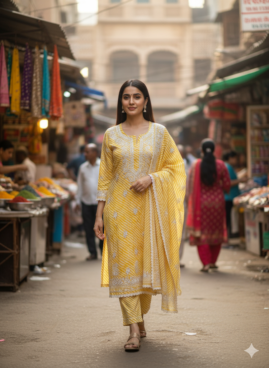 "Yellow Printed Cotton Chikankari Kurti with White Hand Embroidery | Elegant Lucknowi Ethnic Wear for Women"