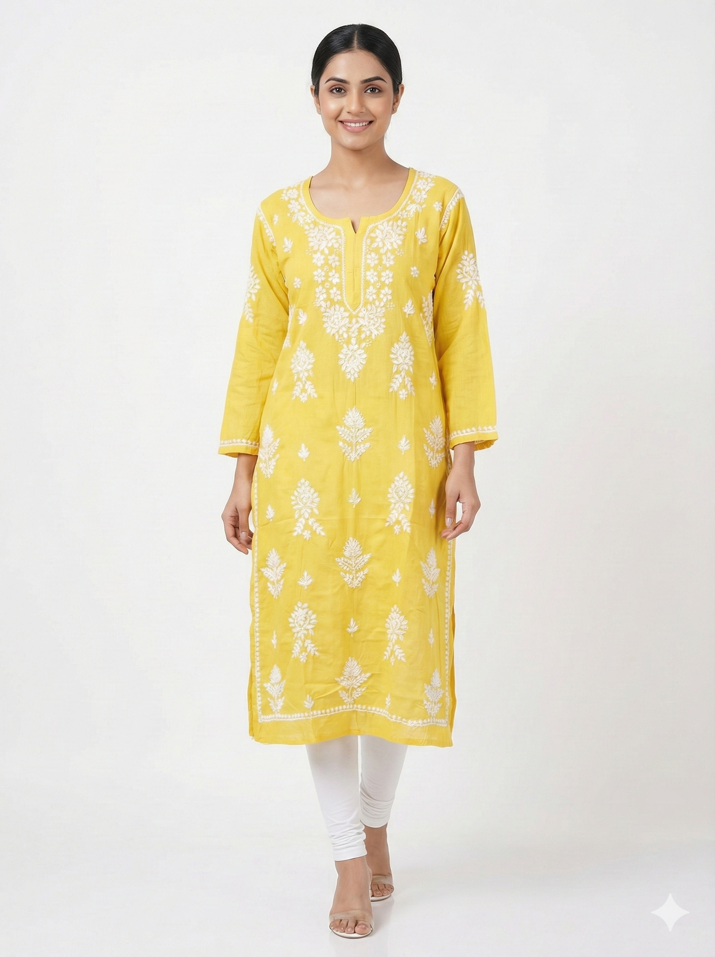 Yellow Rayon Chikankari Kurti for Women – Hand Embroidered Lucknowi Chikan | Lucknow Best Chikankari