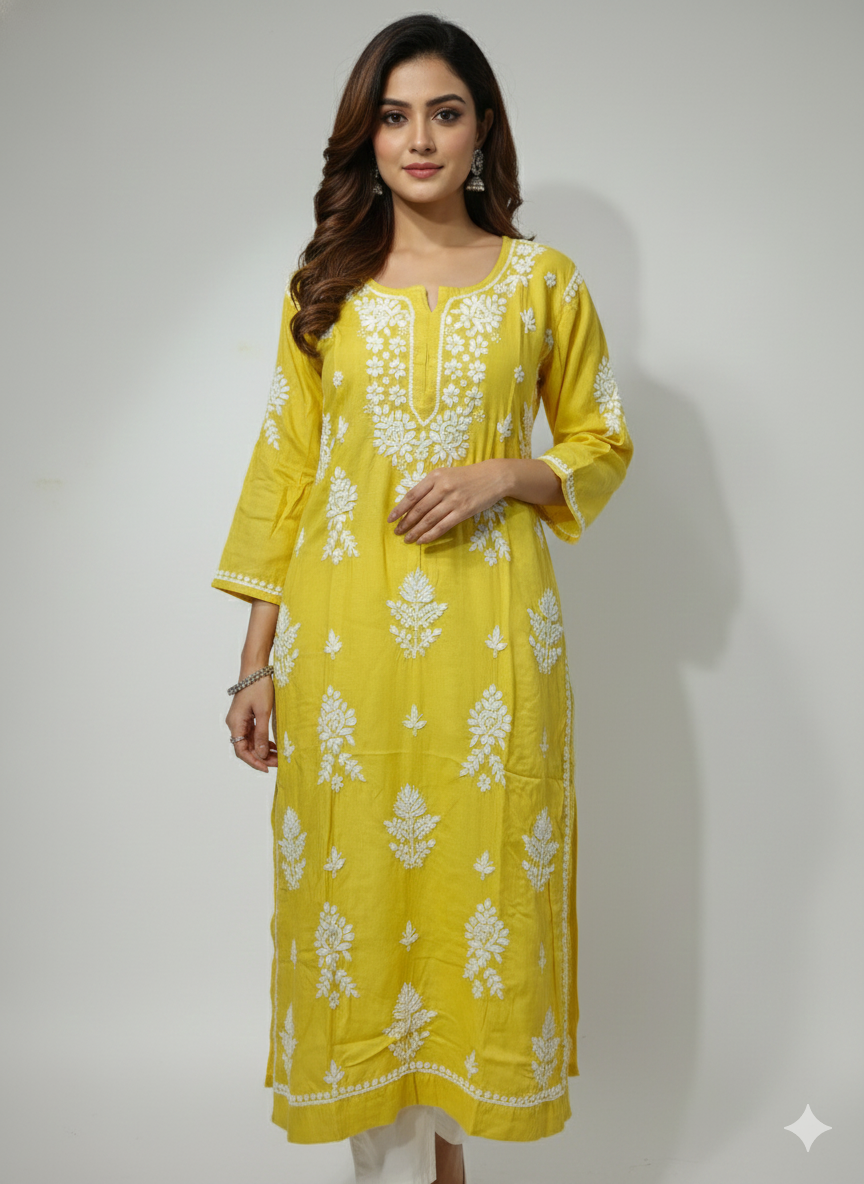 Yellow Rayon Chikankari Kurti for Women – Hand Embroidered Lucknowi Chikan | Lucknow Best Chikankari