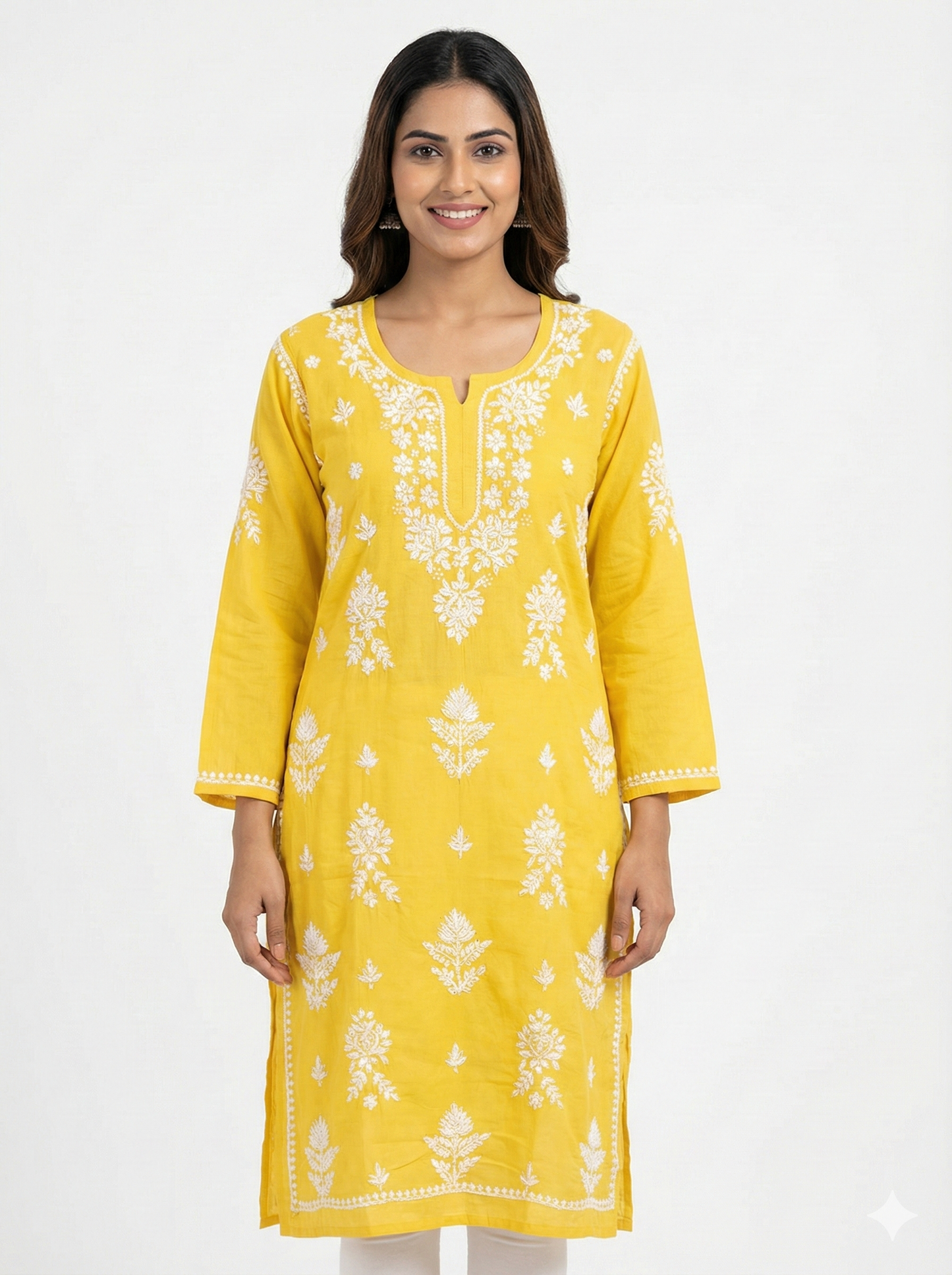 Yellow Rayon Chikankari Kurti for Women – Hand Embroidered Lucknowi Chikan | Lucknow Best Chikankari