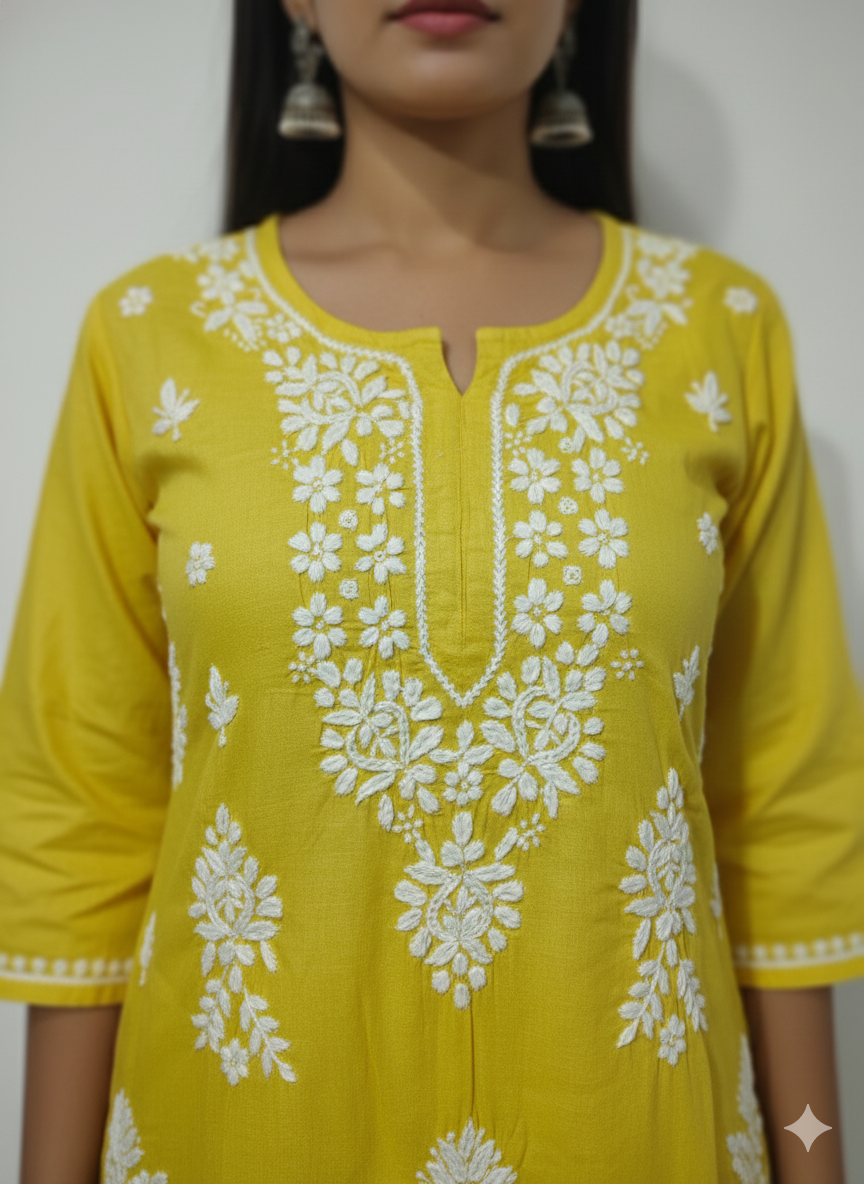 Yellow Rayon Chikankari Kurti for Women – Hand Embroidered Lucknowi Chikan | Lucknow Best Chikankari