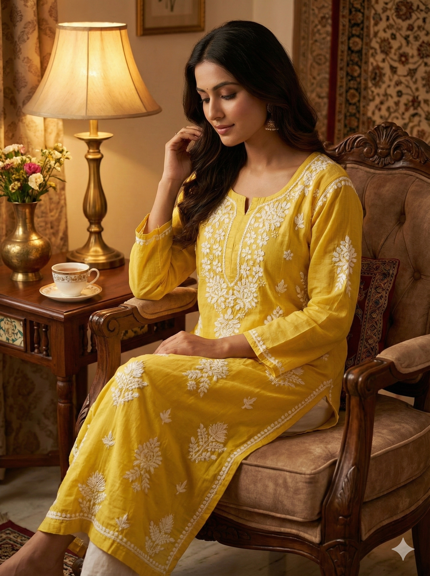 Yellow Rayon Chikankari Kurti for Women – Hand Embroidered Lucknowi Chikan | Lucknow Best Chikankari