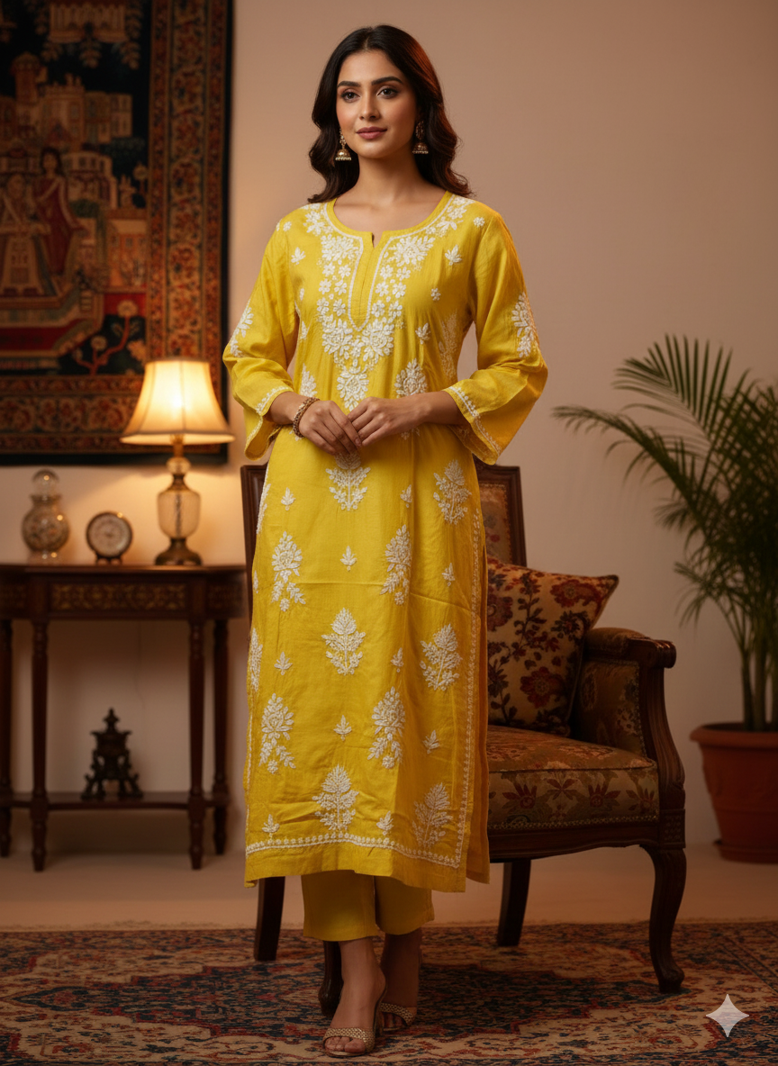 Yellow Rayon Chikankari Kurti for Women – Hand Embroidered Lucknowi Chikan | Lucknow Best Chikankari