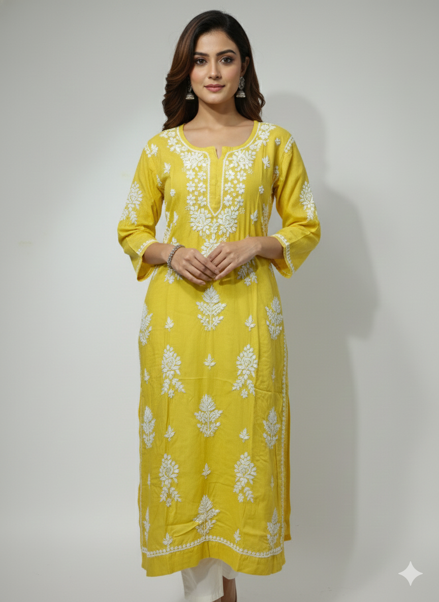 Yellow Rayon Chikankari Kurti for Women – Hand Embroidered Lucknowi Chikan | Lucknow Best Chikankari