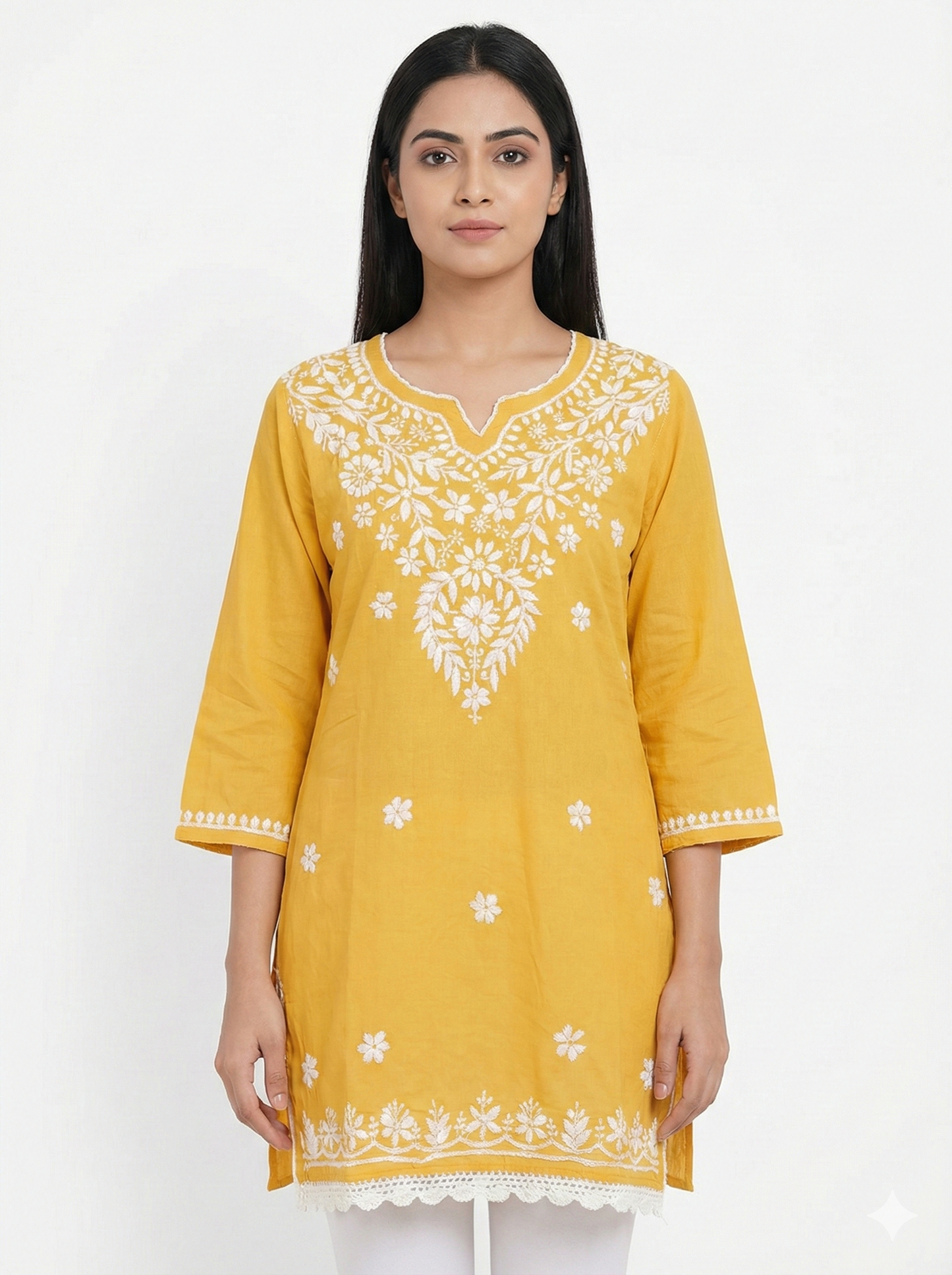 Sunshine Yellow Modal Chikankari Short Kurti – Handcrafted Lucknowi Elegance