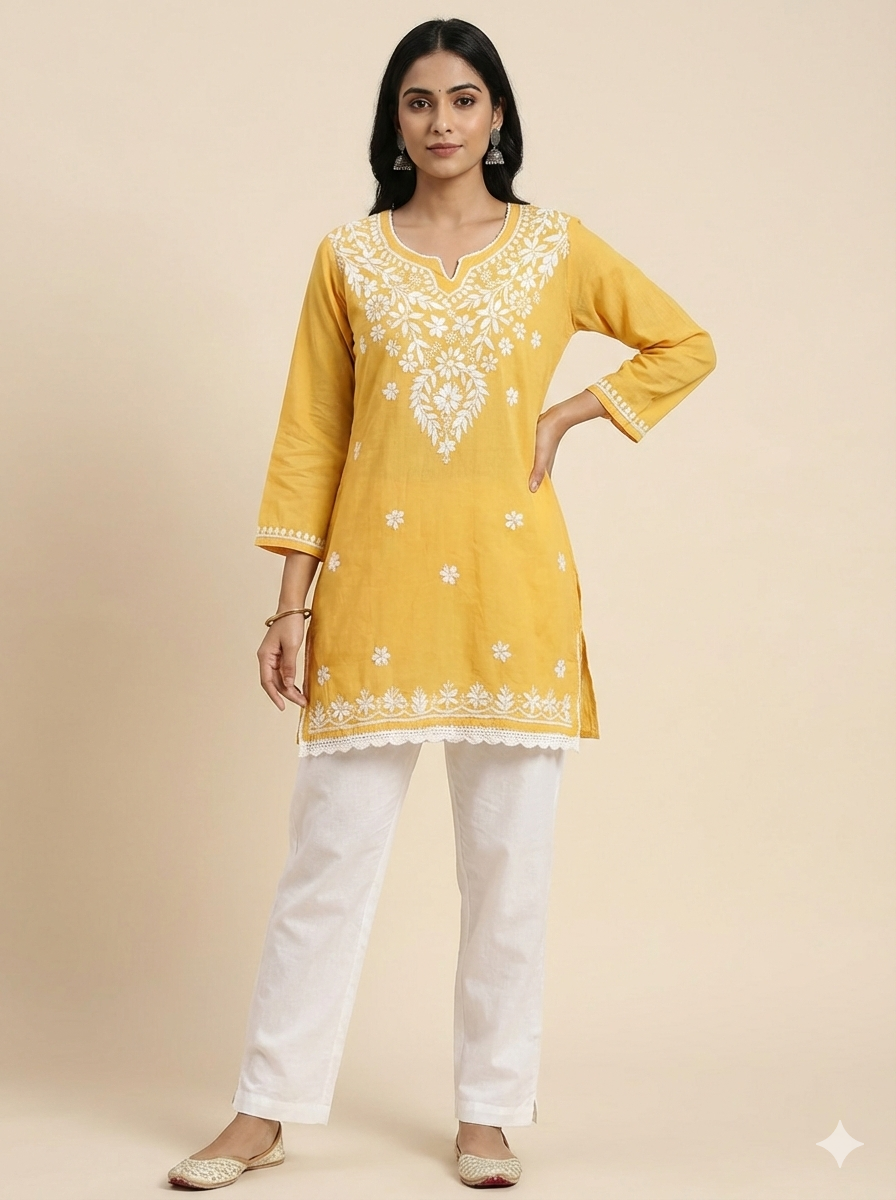 Sunshine Yellow Modal Chikankari Short Kurti – Handcrafted Lucknowi Elegance