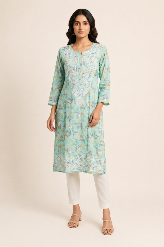 Full-length model wearing Aqua Blue and Yellow Malmal Chikankari Kurti