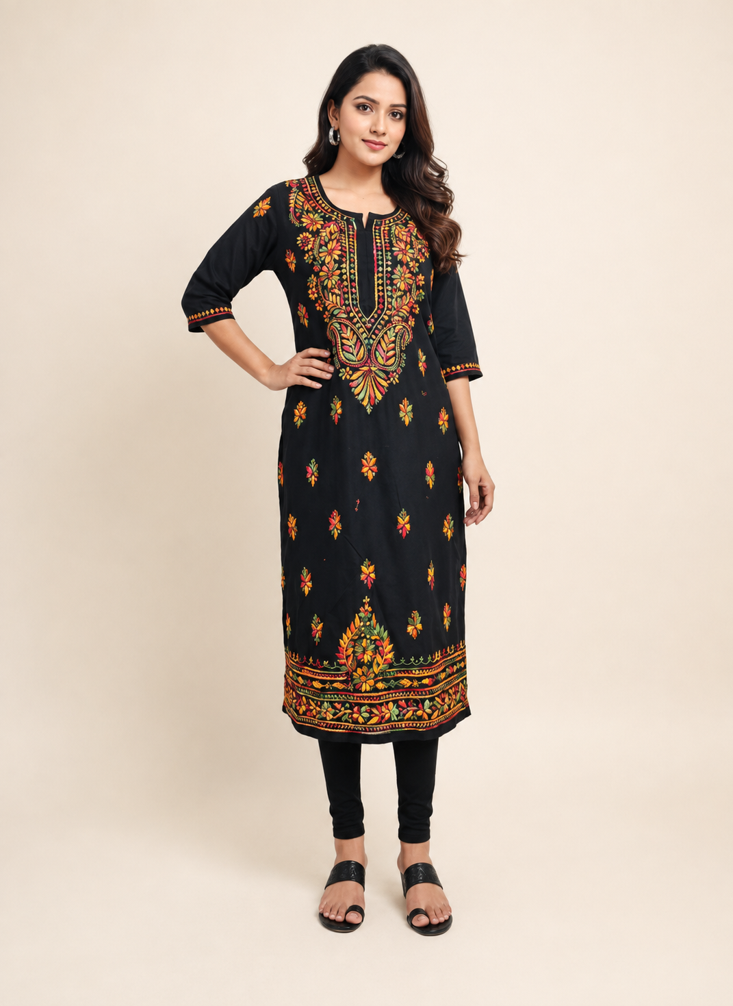 Full-length model wearing Black Cotton Floral Embroidered Kurti