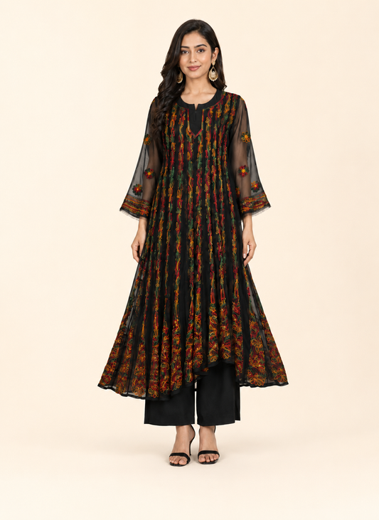 Full-length model wearing Black Georgette Chikankari Kurti - Multi-Color Thread Work