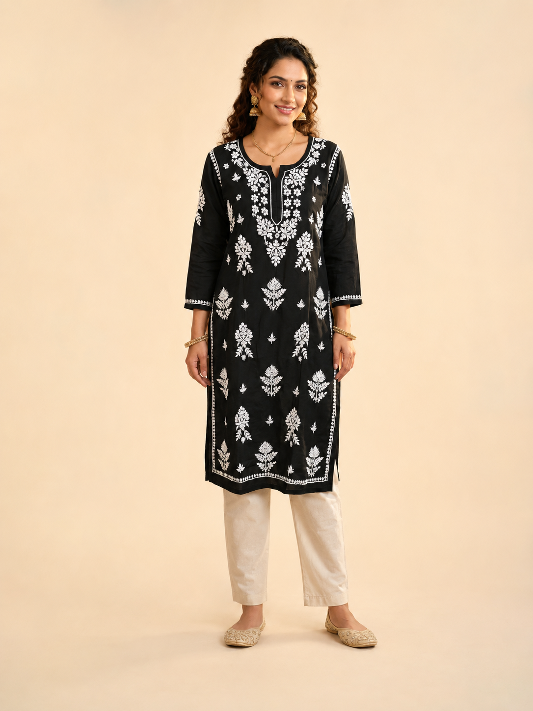Full-length model wearing Black Rayon Chikankari Kurti