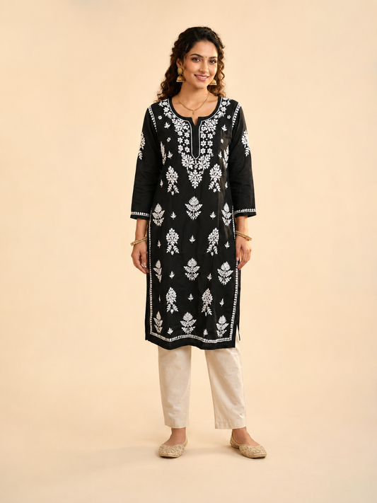 Full-length model wearing Black Rayon Chikankari Kurti