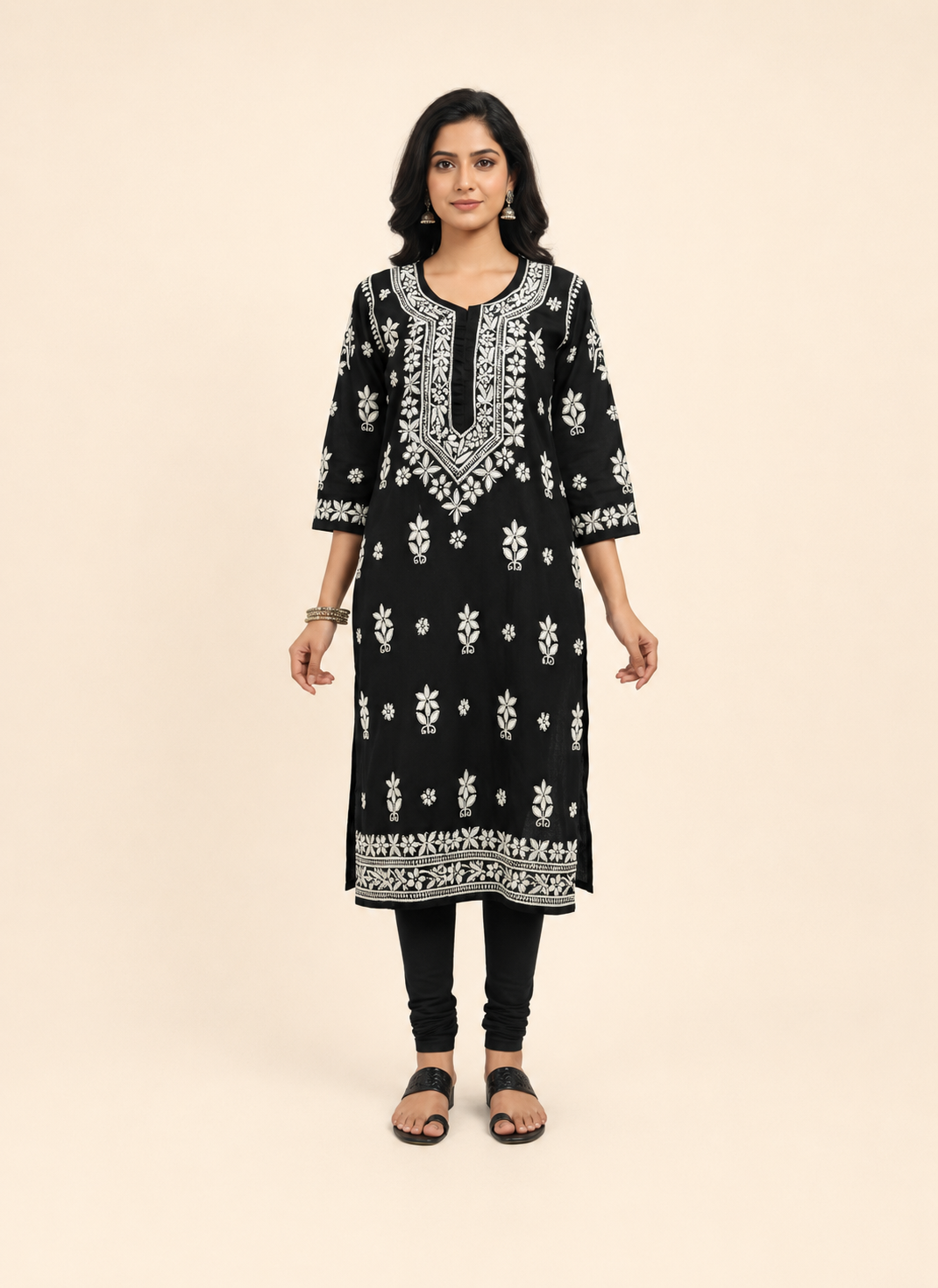 Full-length model wearing Black Silk Cotton Chikankari Kurti