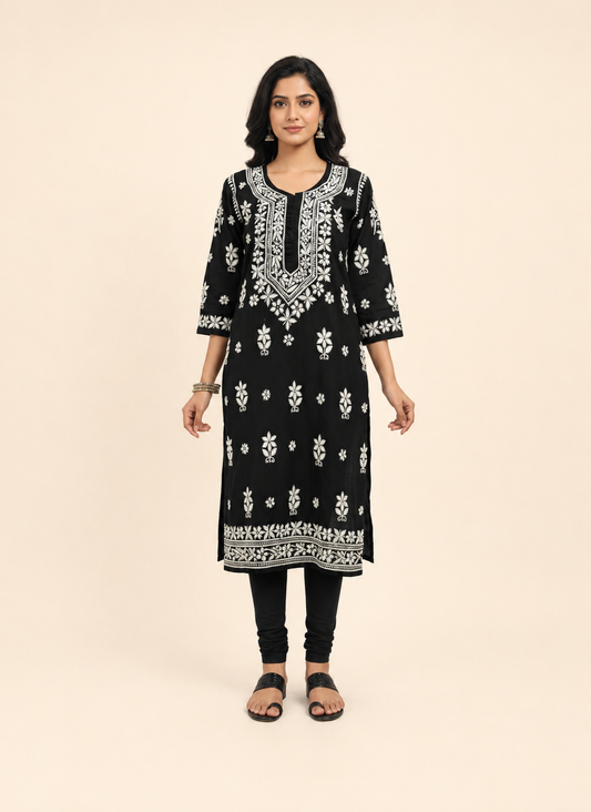 Full-length model wearing Black Silk Cotton Chikankari Kurti