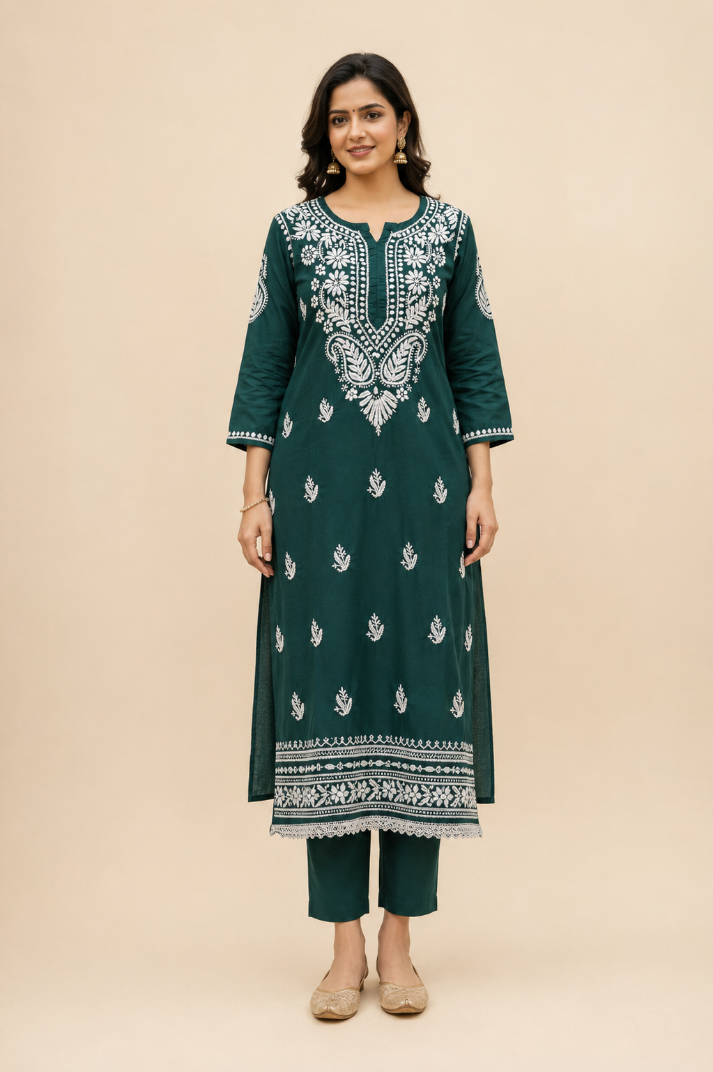 Full-length model wearing Dark Green Chikankari Kurti