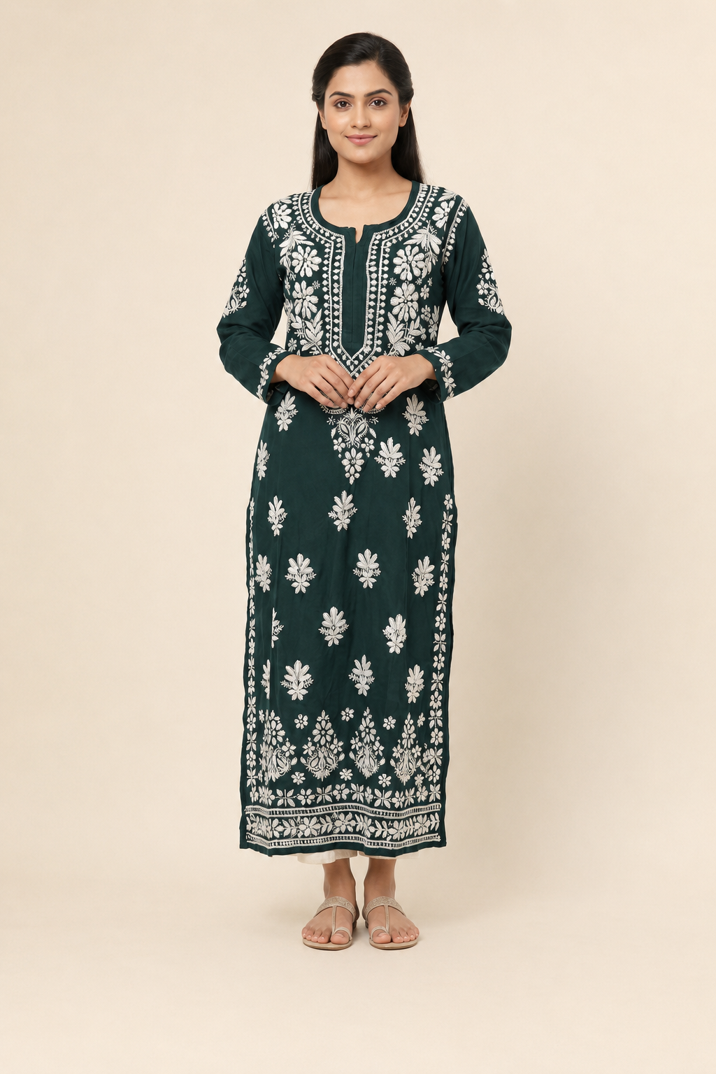 Full-length model wearing Dark Green Modal Chikankari Kurti