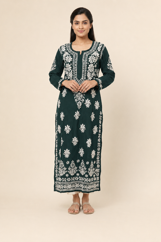 Full-length model wearing Dark Green Modal Chikankari Kurti