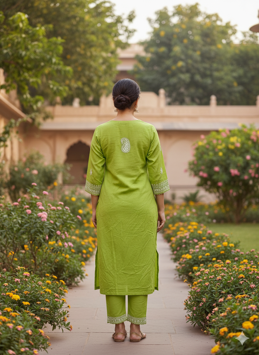 "Green Modal Chikankari Kurti with White Hand Embroidery | Lucknowi Ethnic Wear for Women"