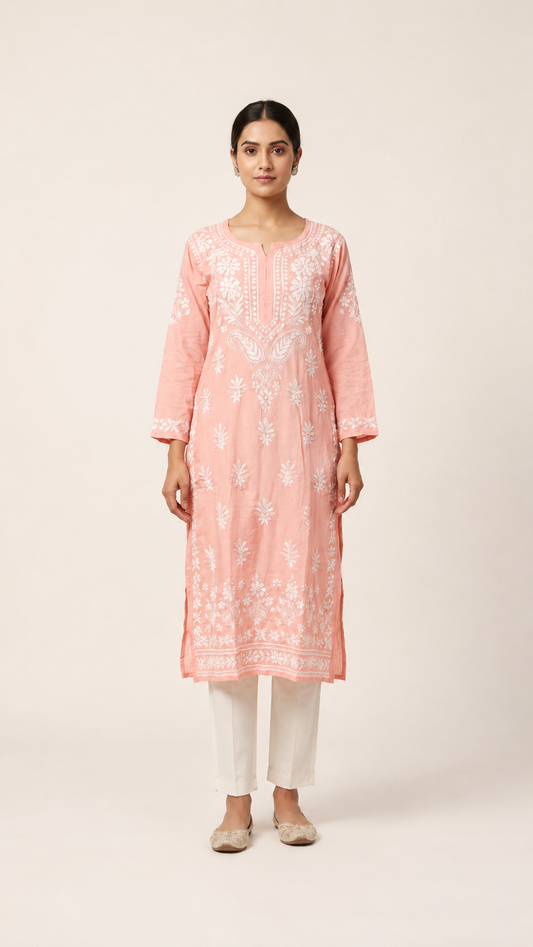 Full-length model wearing Light Pink Modal Chikankari Kurti