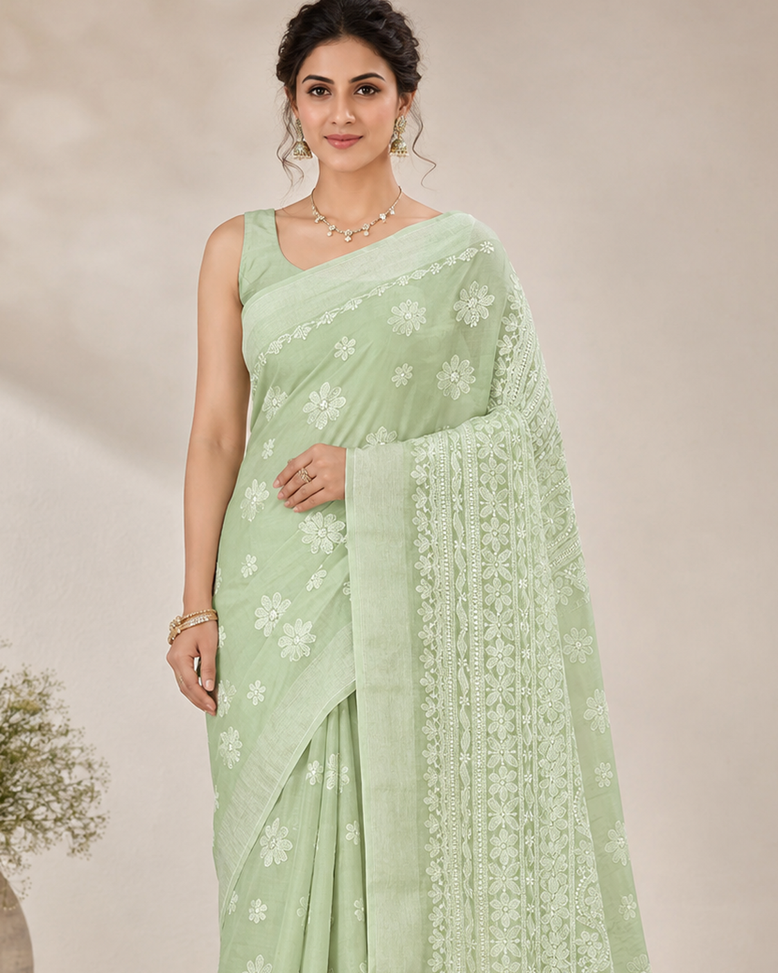Close-up of white Chikankari floral embroidery on pista green Chanderi saree