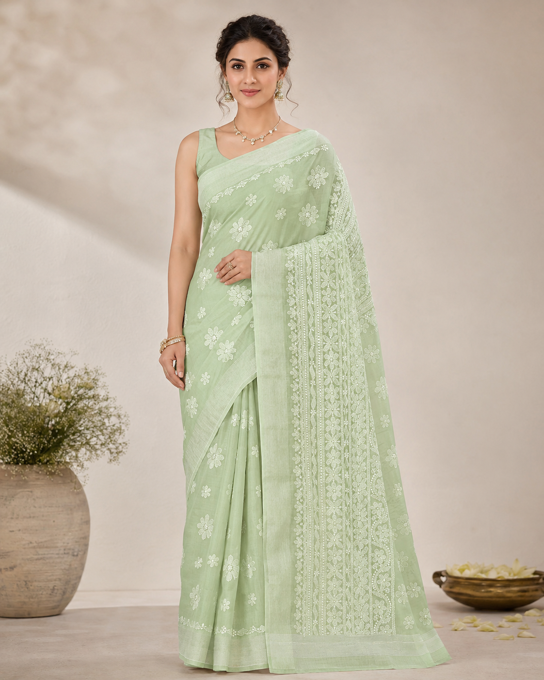 Pista green Chanderi Chikankari saree front view with white hand embroidery