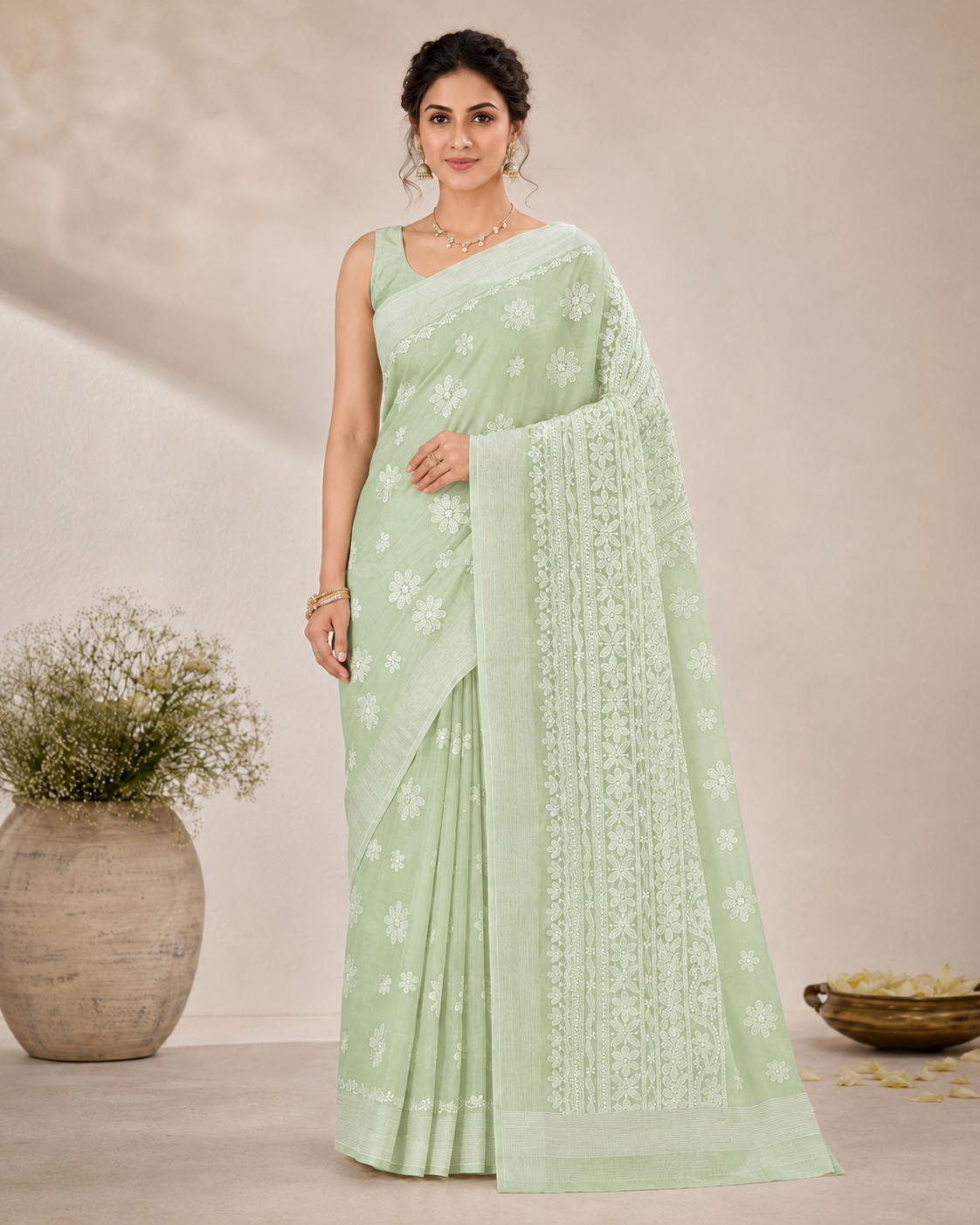 Pista green Chanderi Chikankari saree full length catalogue view